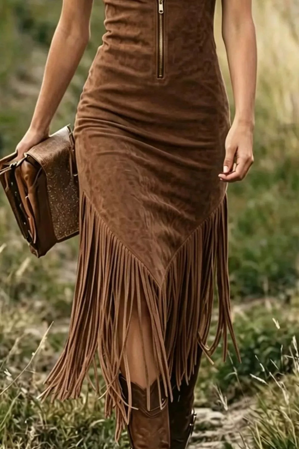 Brown suede dress with fringe and matching clutch held by a person in a natural setting