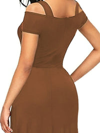 Brown off-shoulder dress on a white background