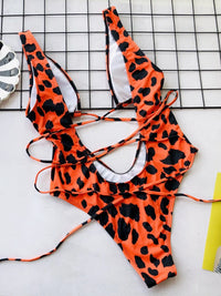 Orange and black leopard print bikini set on a grid background