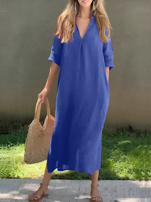 Blue Full Size Notched Half Sleeve Midi Dress