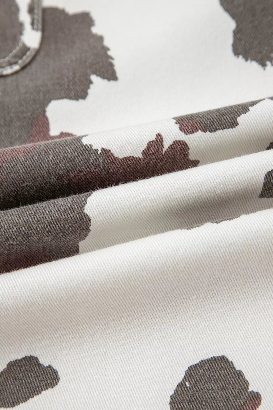 Close-up of fabric with black floral pattern on white background