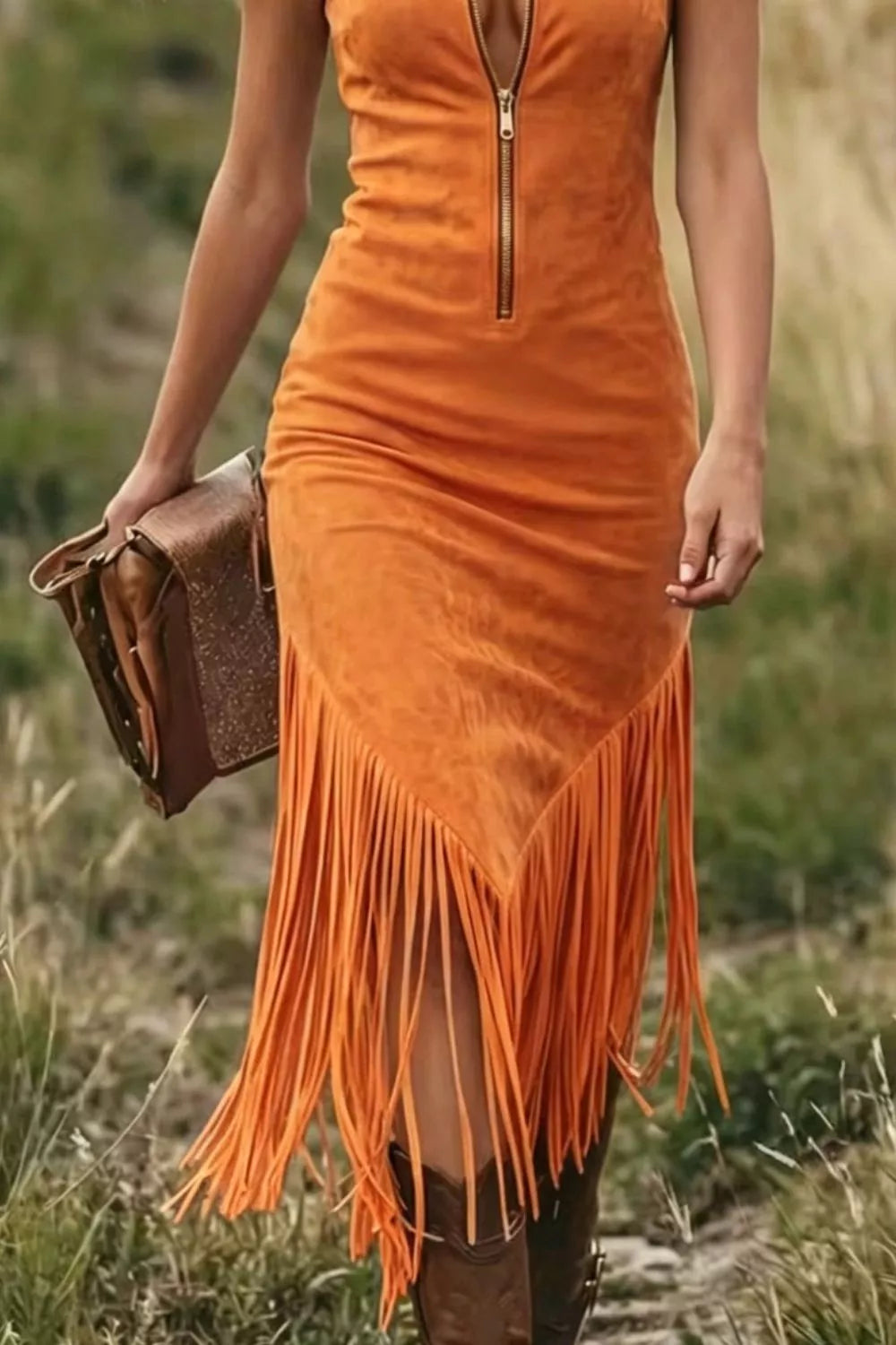 Orange suede dress with fringe and brown leather bag held by a person in a grassy field