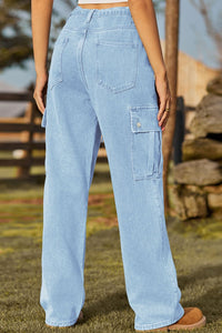 Light blue jeans worn by a person with a blurred natural background
