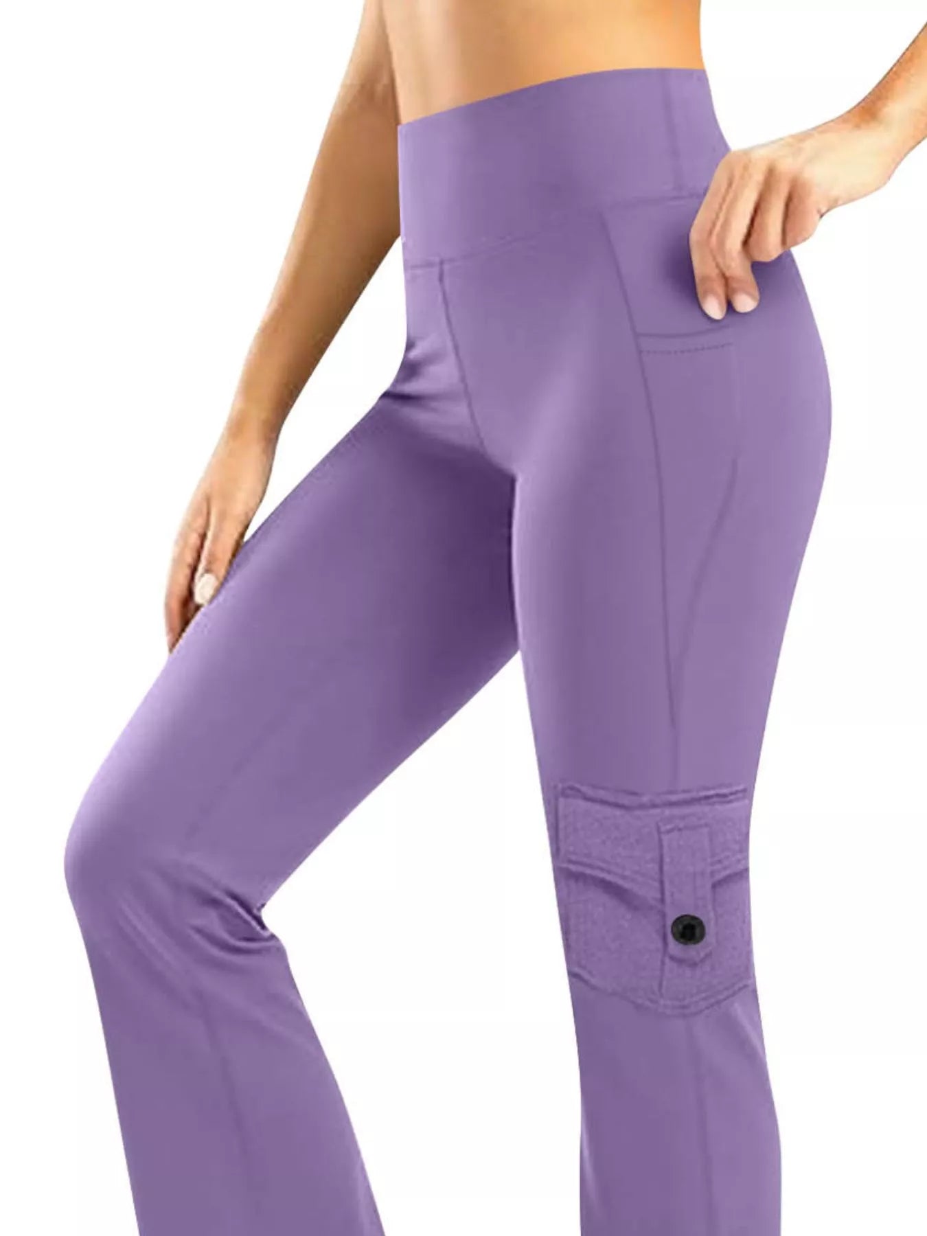 Purple pants worn by a person on a white background