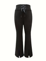 Black flared pants with lace-up waistband on a white background