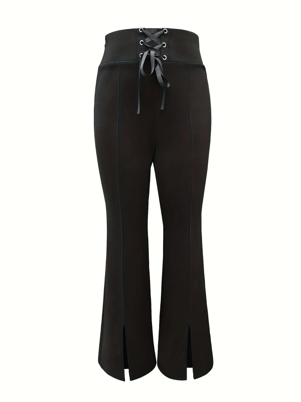 Black flared pants with lace-up waistband on a white background