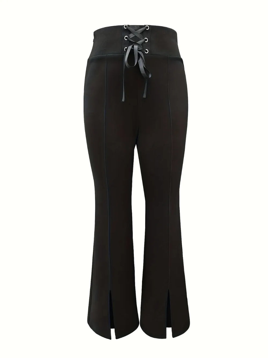 Black flared pants with lace-up waistband on a white background
