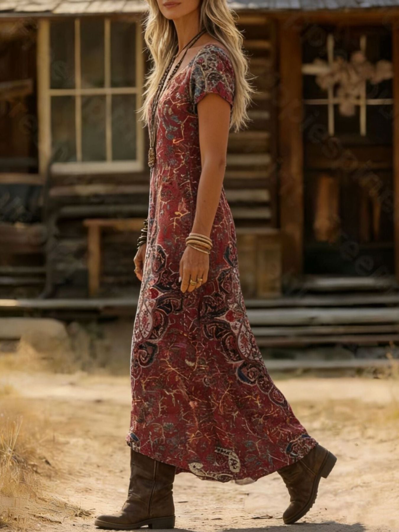Woman in a patterned dress and boots standing in front of a rustic wooden building.