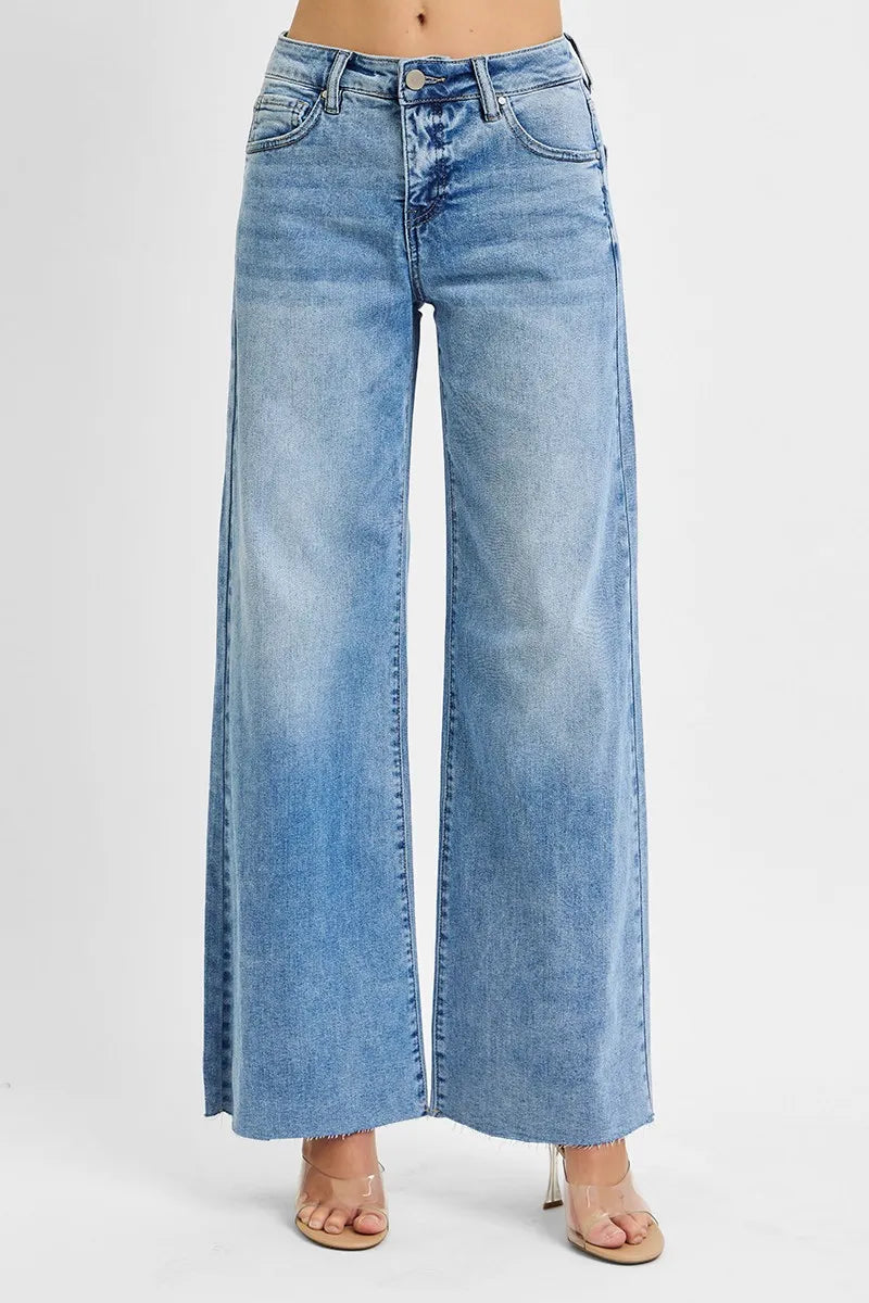 Light blue wide-leg jeans on a white background