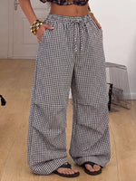 Close up of pockets on High-Waisted Gingham Wide-Leg Drawstring Pants For Women