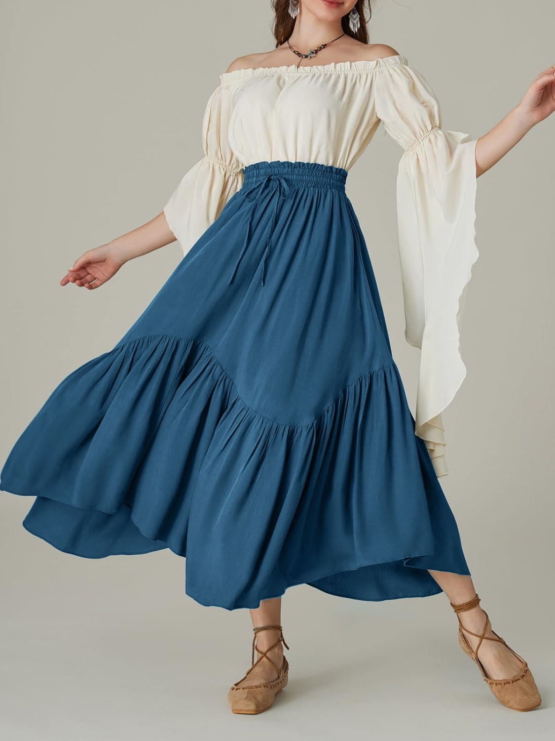 Blue Smocked Waist Band Ruched Layered Skirt