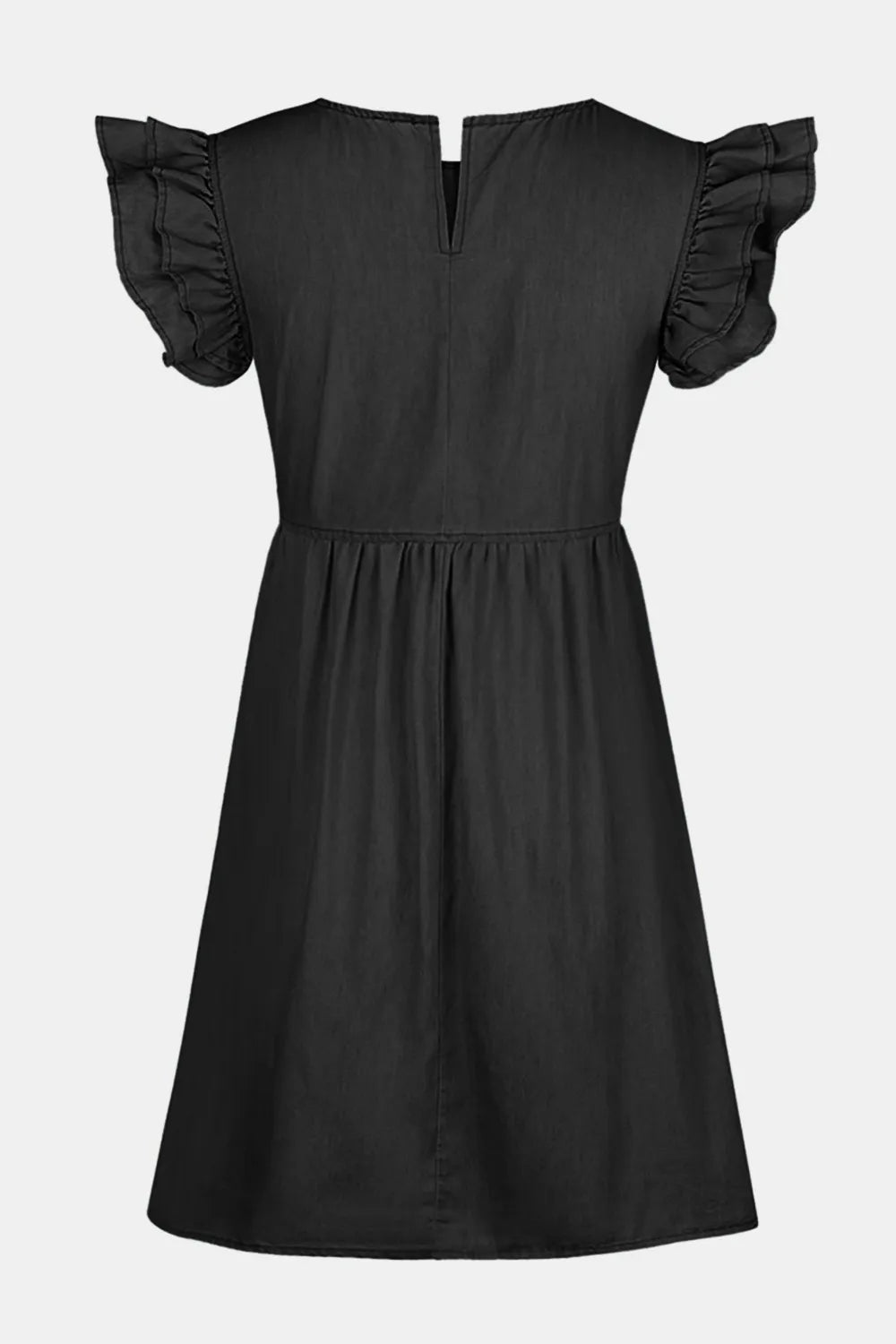 Black dress with ruffled sleeves on a white background