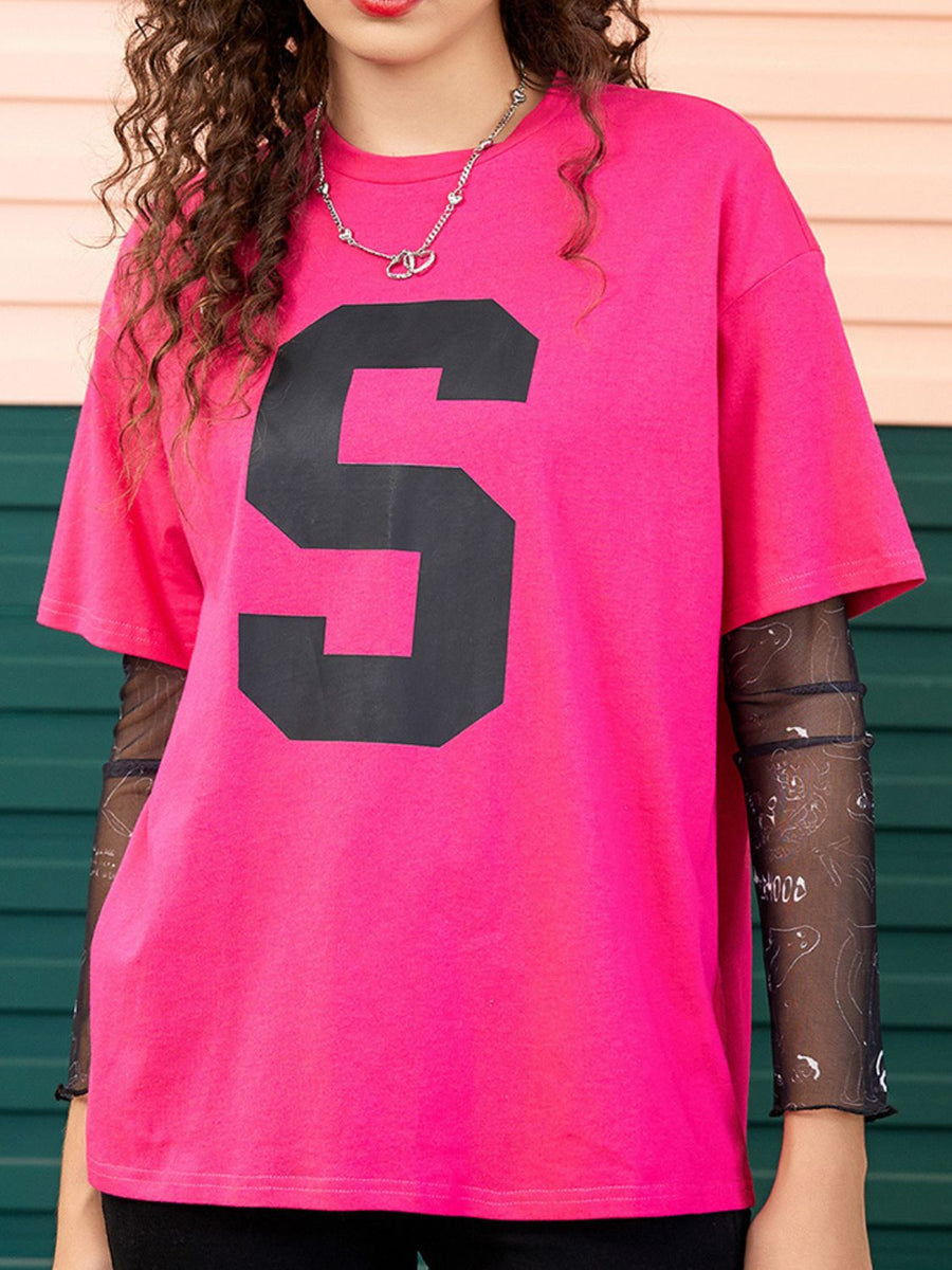 Another front view of Letter Graphic Round Neck Half Sleeve T-Shirt