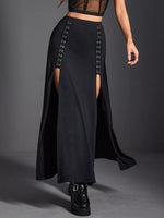 Black long skirt with front slit and lace-up details on a gray background