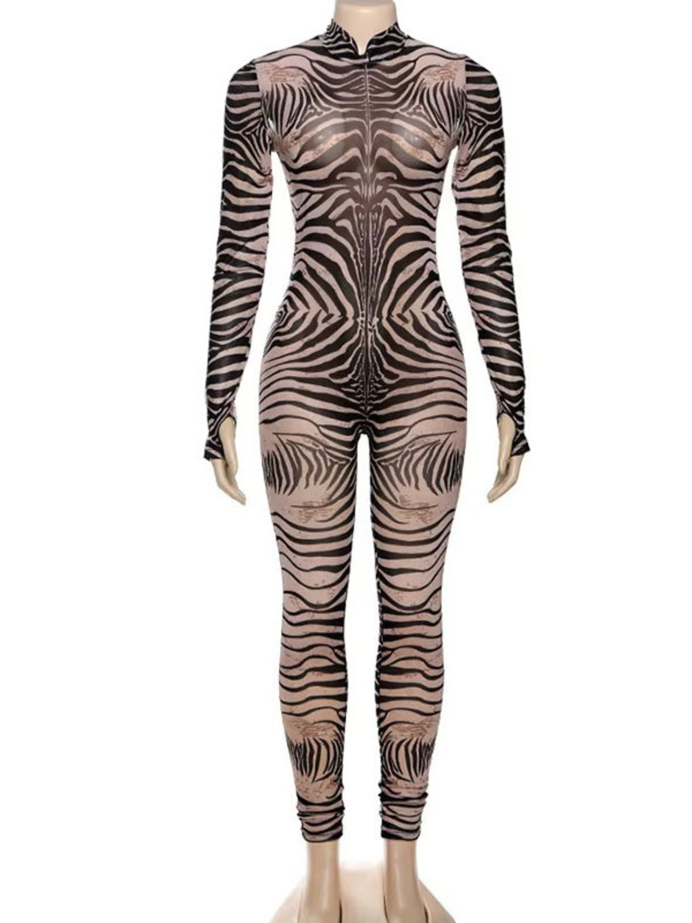 Zebra print bodysuit on a mannequin against a white background