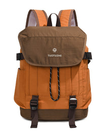 Brown and orange backpack with 'TUOTUZHE' branding on a white background