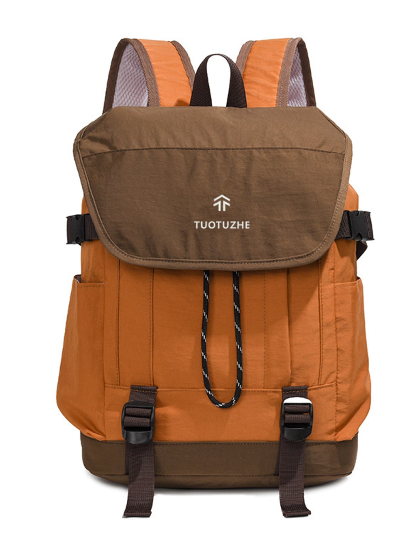 Brown and orange backpack with 'TUOTUZHE' branding on a white background