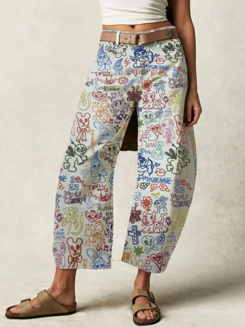 Colorful patterned pants worn by a person on a plain background