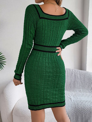Back view of green Contrast Trim Long Sleeve Sweater Dress