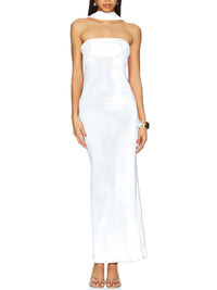 Woman wearing a strapless white dress on a white background