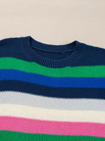 Colorful striped sweater with blue, green, pink, and white stripes on a beige background