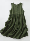 V-Neck Button Detail Sleeveless Midi Dress