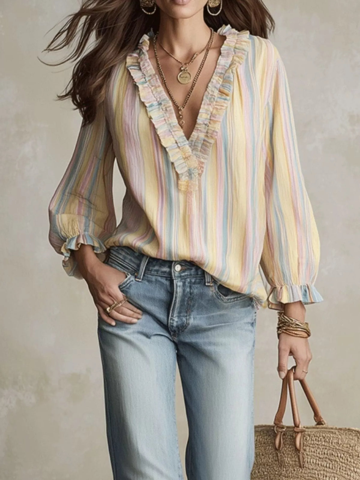 A woman wearing a pastel striped long-sleeve blouse with ruffled trim and light-wash jeans, standing against a textured beige wall and holding a woven straw bag.
