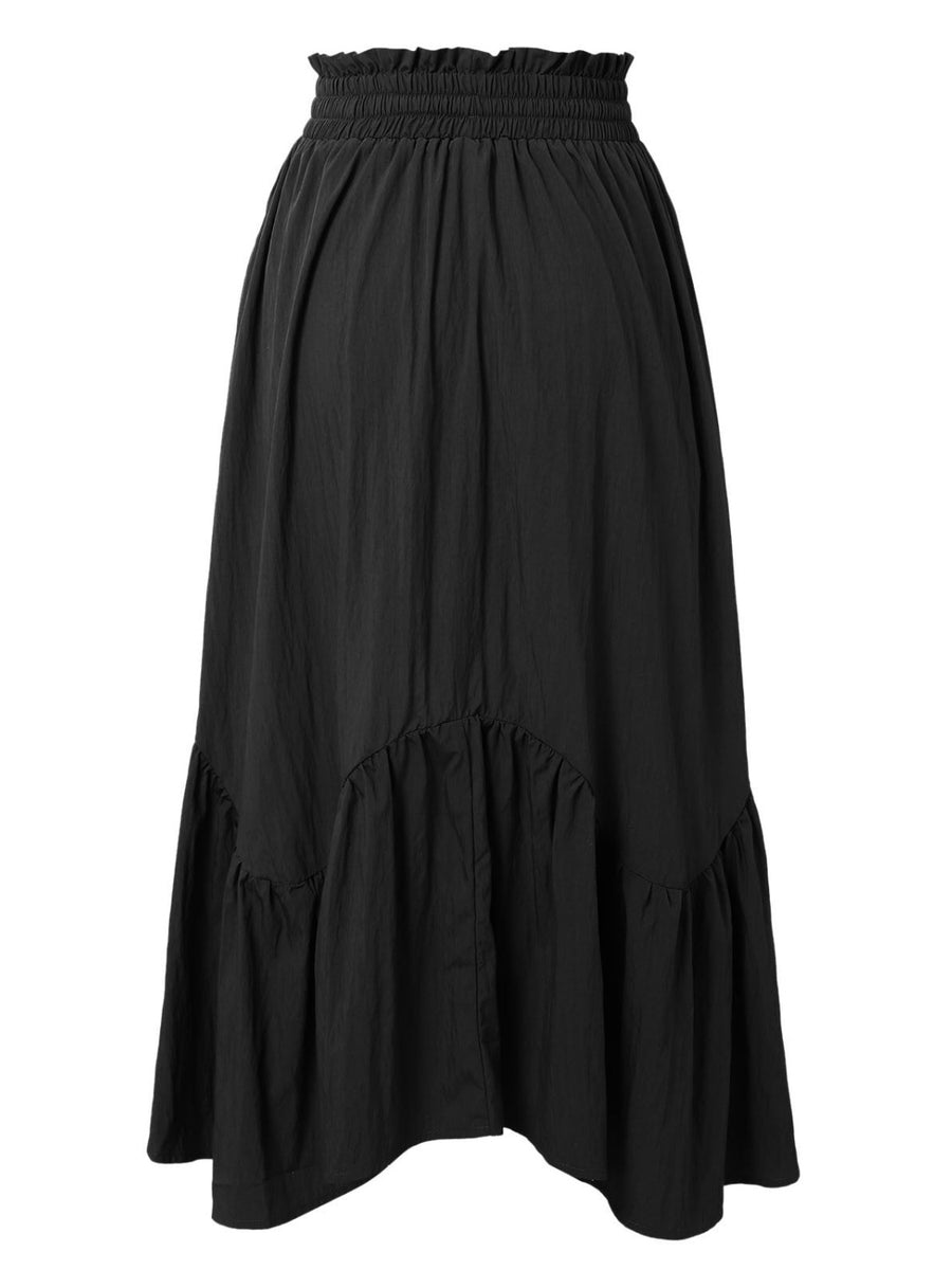 Back view of black Smocked Waist Band Ruched Layered Skirt