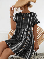 Close up view of Striped Polka Dot Frill Short Sleeve Mini Dress 