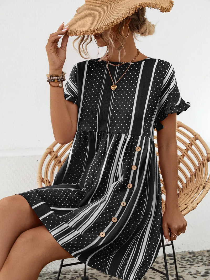 Close up view of Striped Polka Dot Frill Short Sleeve Mini Dress 