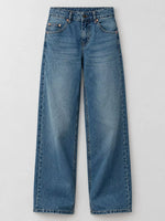 A pair of medium-wash blue denim jeans with a straight-leg fit, shown flat against a light gray background.