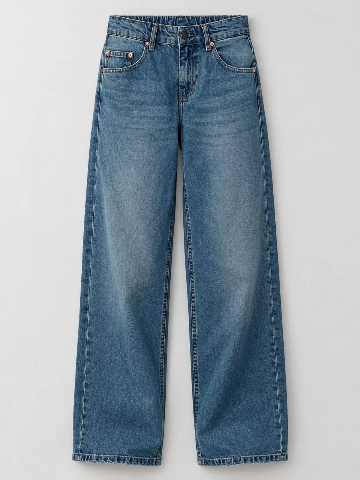 A pair of medium-wash blue denim jeans with a straight-leg fit, shown flat against a light gray background.