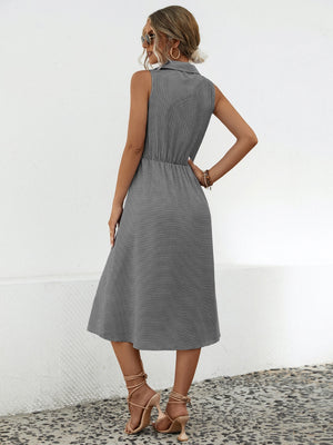 Back of gray Striped Collared Neck Sleeveless Midi Dress
