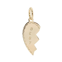 Two gold-colored best friend charms in the shape of heart-like pieces, with one piece labeled 'BFF'.