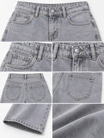 A six-panel collage showing close-up details of gray denim jeans, including the front waistband and pockets, back pockets, back waistband, a folded hem view, and a fabric texture close-up on a white background.