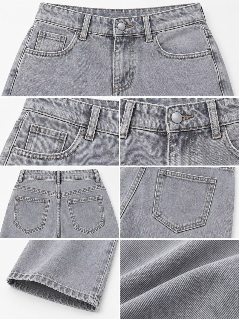 A six-panel collage showing close-up details of gray denim jeans, including the front waistband and pockets, back pockets, back waistband, a folded hem view, and a fabric texture close-up on a white background.