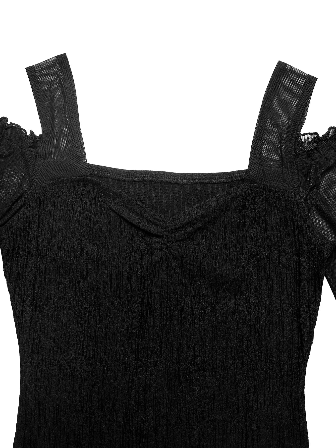 Black top with sheer shoulder straps on a white background