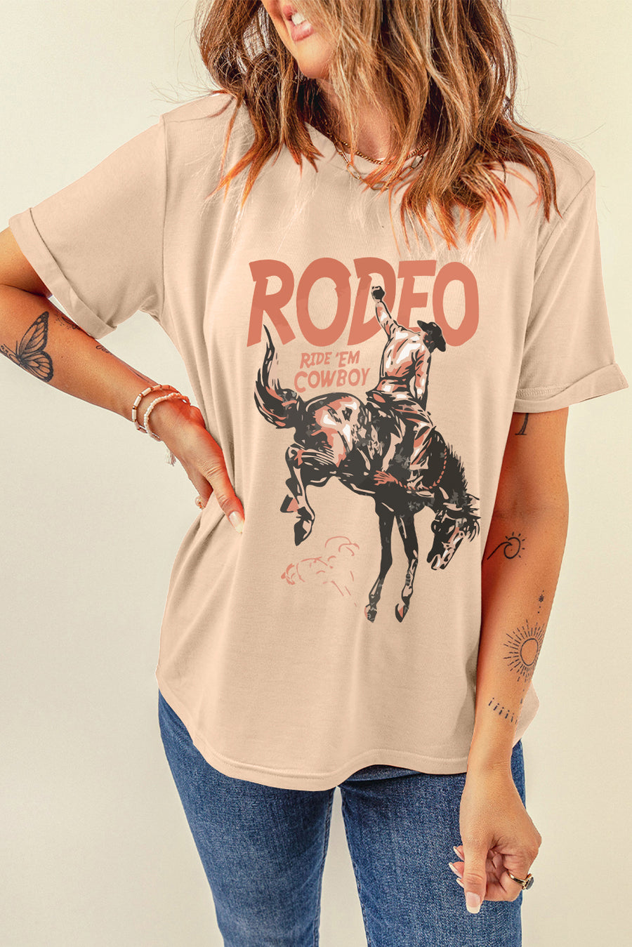 Another front view of brown Cowboy Graphic Round Neck Short Sleeve T-Shirt
