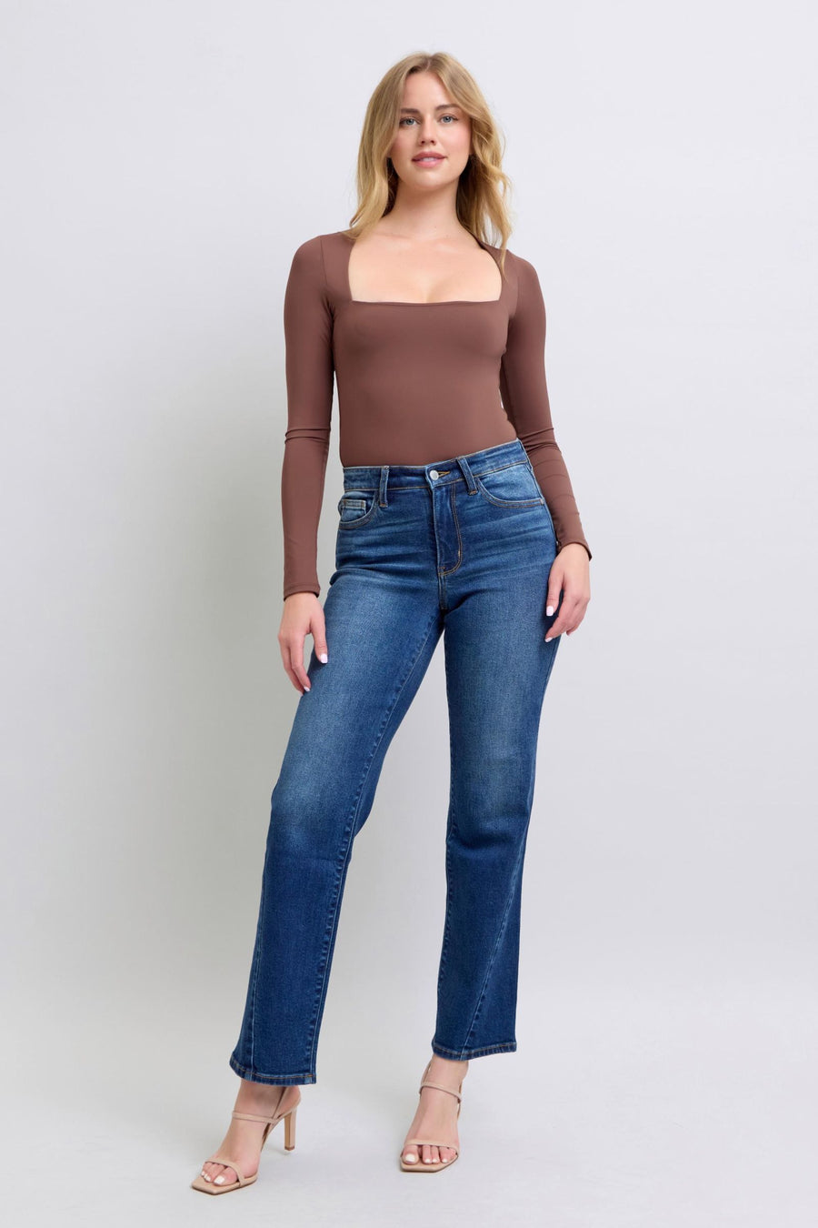 Front view of Judy Blue Full Size Side Seam Detail Straight Jeans with Pockets