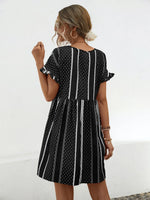 Back view of Striped Polka Dot Frill Short Sleeve Mini Dress 
