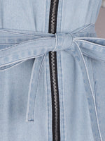 Light blue denim dress with a belt and zipper detail