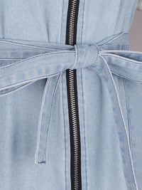 Light blue denim dress with a belt and zipper detail