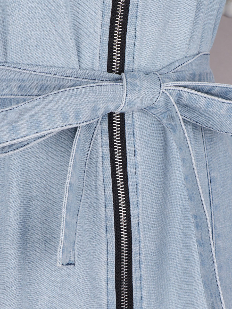 Light blue denim dress with a belt and zipper detail