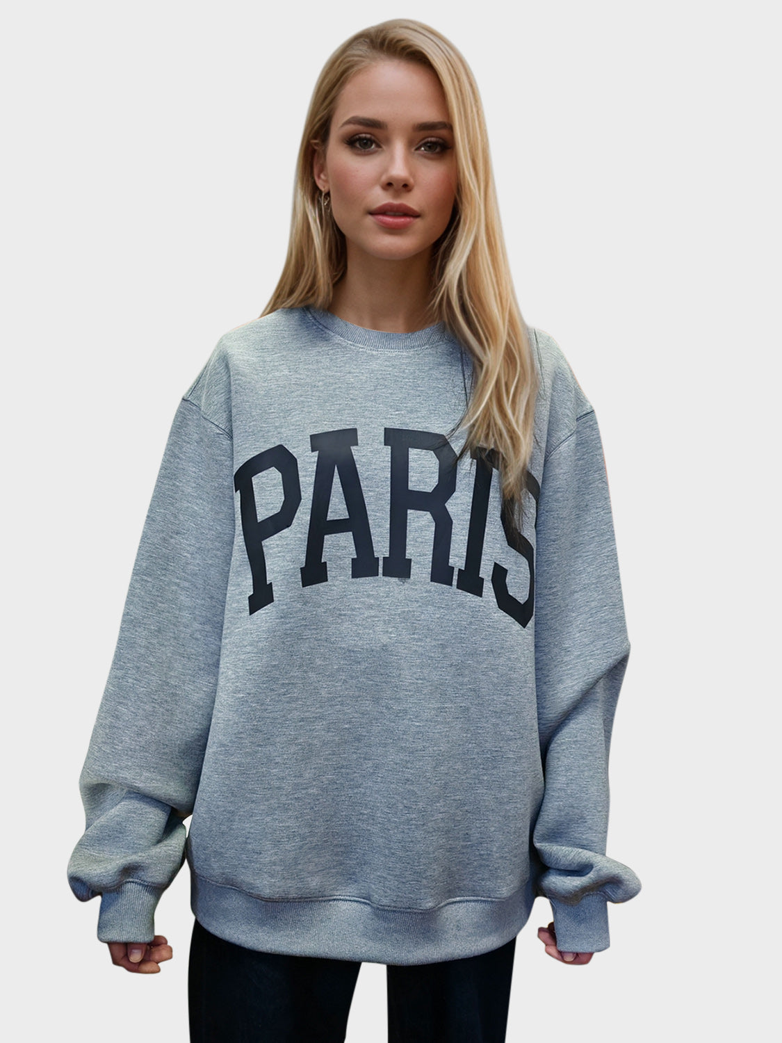 Full view of Basic Bae PARIS Round Neck Long Sleeve Air Scuba Sweatshirt