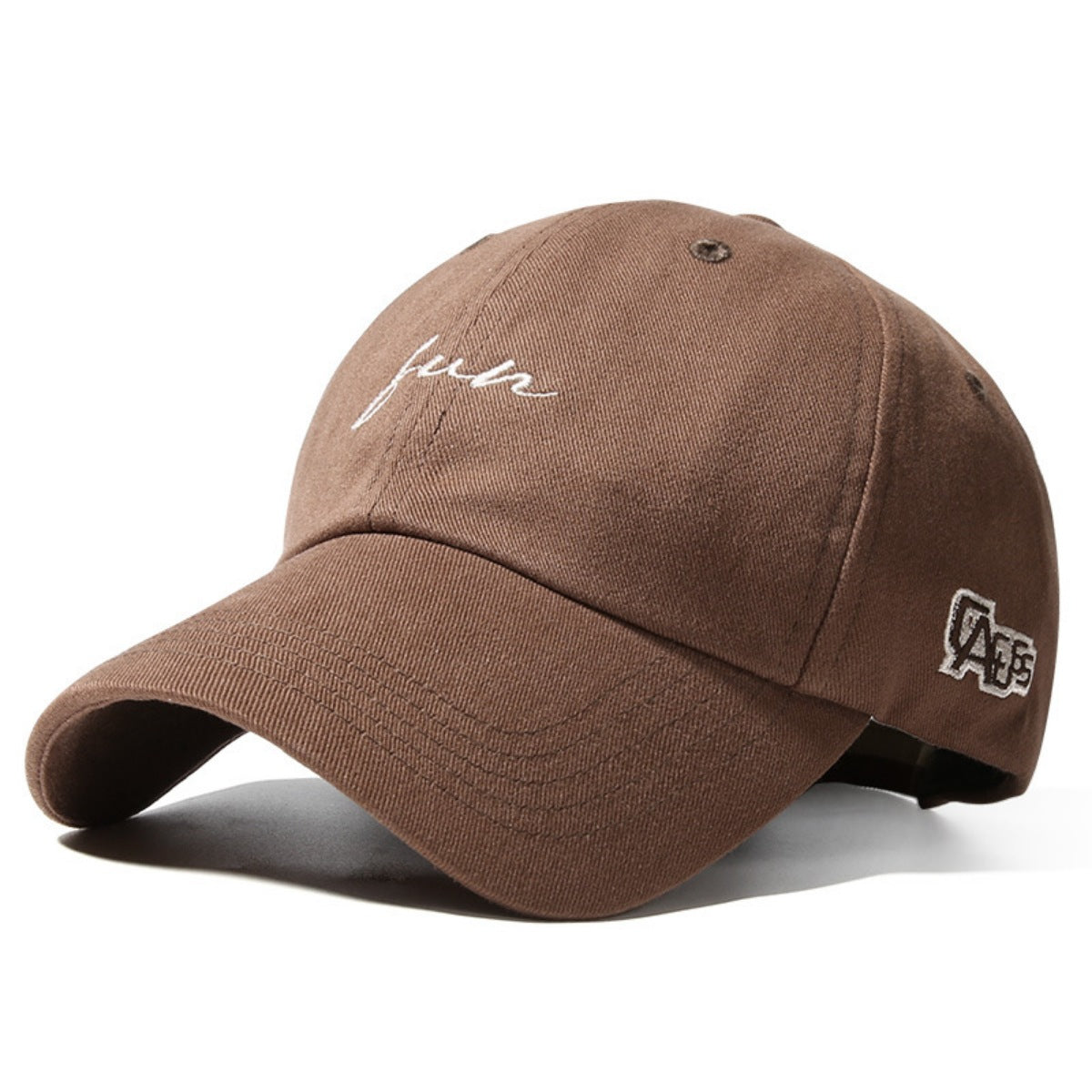 Brown cap with white text and logo on a white background
