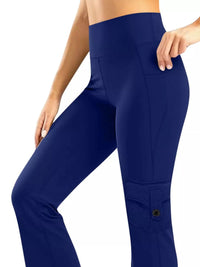 Blue pants worn by a person on a white background