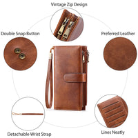 Brown leather wallet with features highlighted on a white background