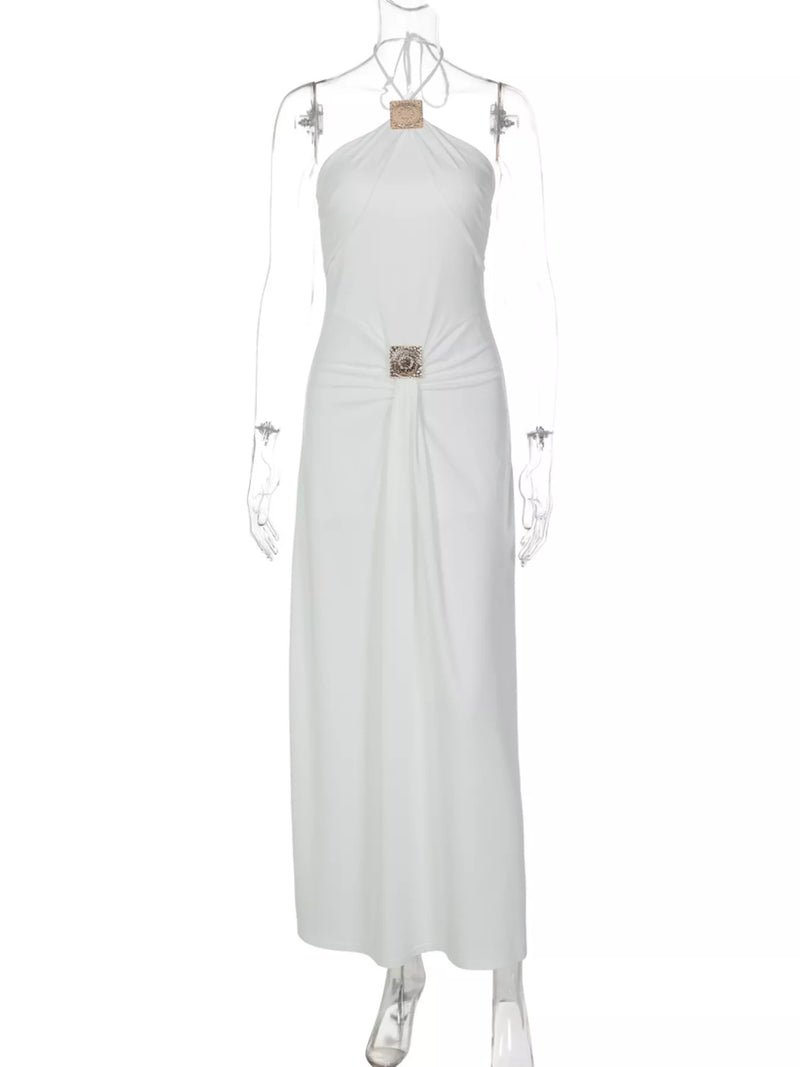 Front view of Backless Ruched Halter Neck Maxi Dress on a mannequin 
