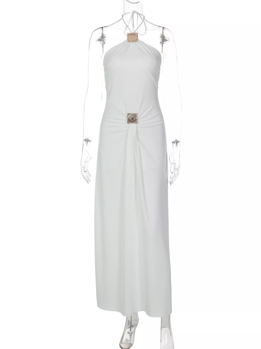 Front view of Backless Ruched Halter Neck Maxi Dress on a mannequin 