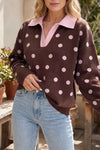 Polka Dot Pattern Color Block Collared Loose Pullover Sweater